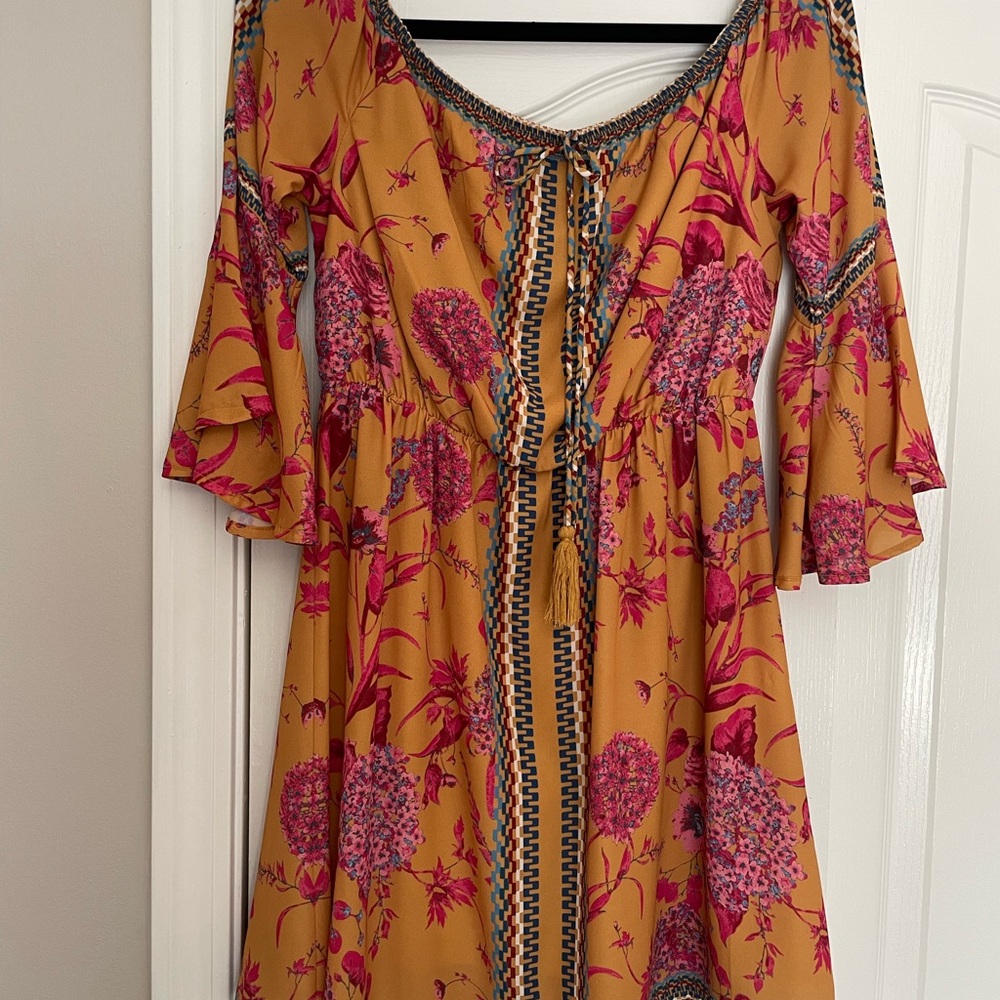 Jealous Tomato Mustard and Pink Floral Long Sleeve Dress